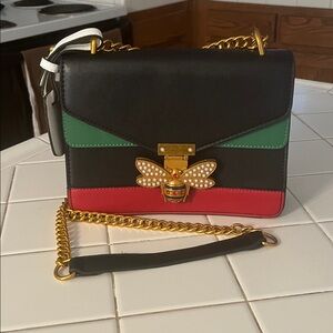 Elegant Black, Green, and Red Women's Bag with Gold Chain